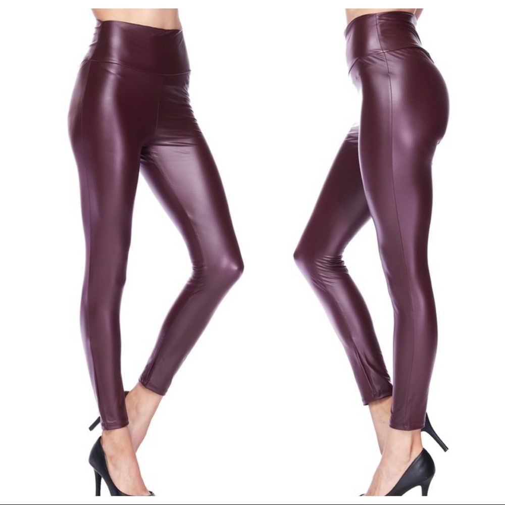 HIGH WAIST BURGUNDY FAUX LEATHER LEGGINGS - Picture 5 of 7